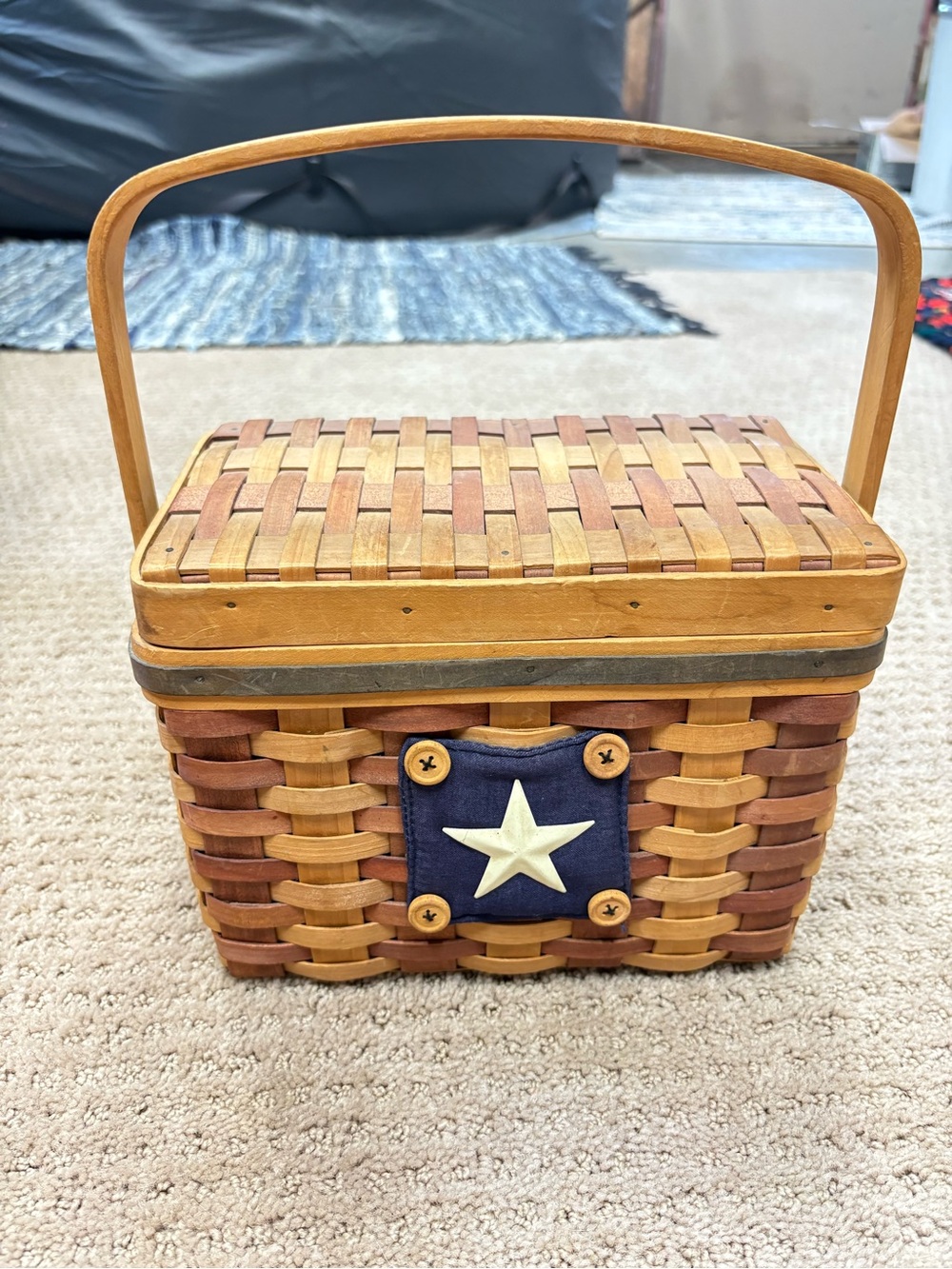 Longaberger Natural & Navy Picnic-Style Woven Basket with Star Medallion